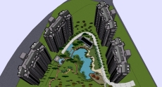 高层住宅区和其中围合景观，18层，现代风格